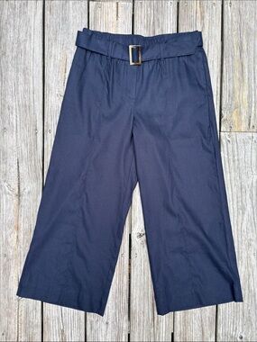 J JILL | Navy Linen Stretch Blend Jenna Cropped Belted Wide Leg Pants | Size S